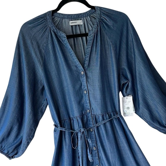 NWT | BOHO CHAMBRAY BLUE BUTTON UP DRESS RUFFLE HEM BALLOON SLEEVE | SIZE: SMALL - Picture 2 of 10